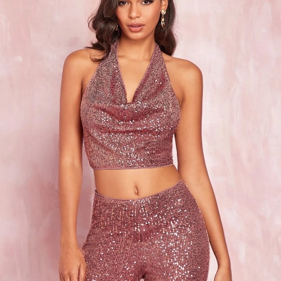 Pink Sequin Sleeveless Halter Crop Top - Picture 4 of 6